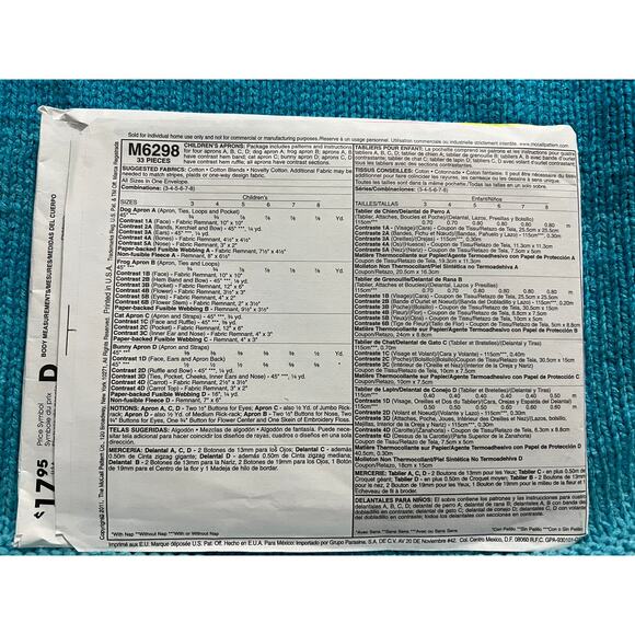 McCalls 6298 Sewing pattern Kids apron animal bunny dop frog cat - Picture 3 of 7